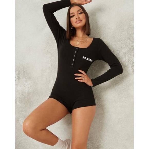 SALE Playboy x Missguided Black Long Sleeve Snap Front Romper Scoop Neck SZ 12 - Picture 2 of 10